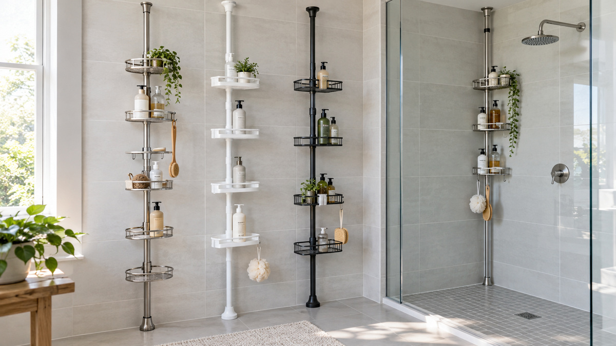 Several shower organiser pole options displayed beside a clean tiled shower.