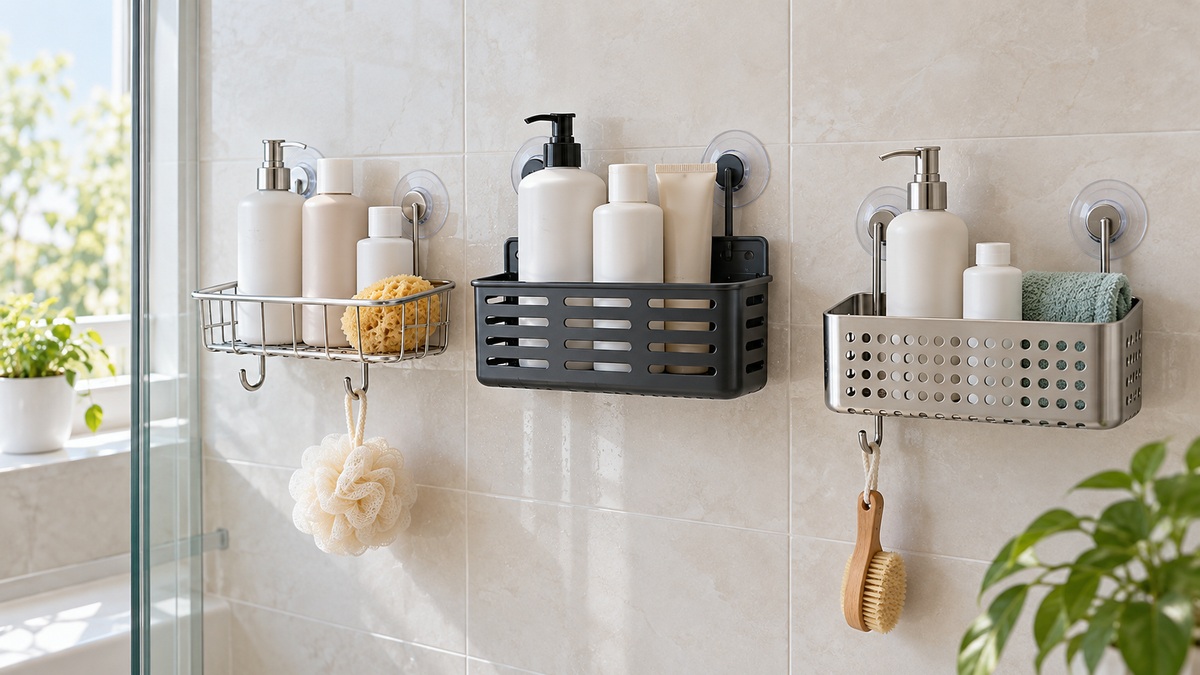 Three suction-mounted shower organizers holding plain bath items on pale tile.