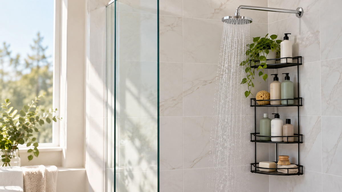 A bright corner shower with a black four-tier corner rack holding shampoo bottles and soap.