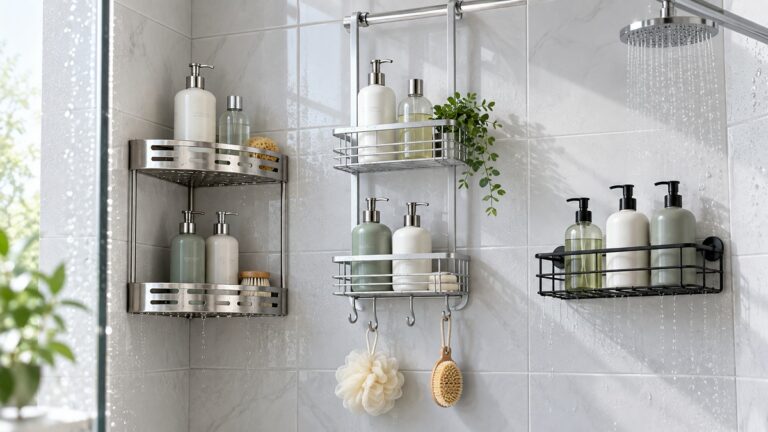 Three rust-resistant shower rack configurations holding plain bottles in a bright tiled shower.