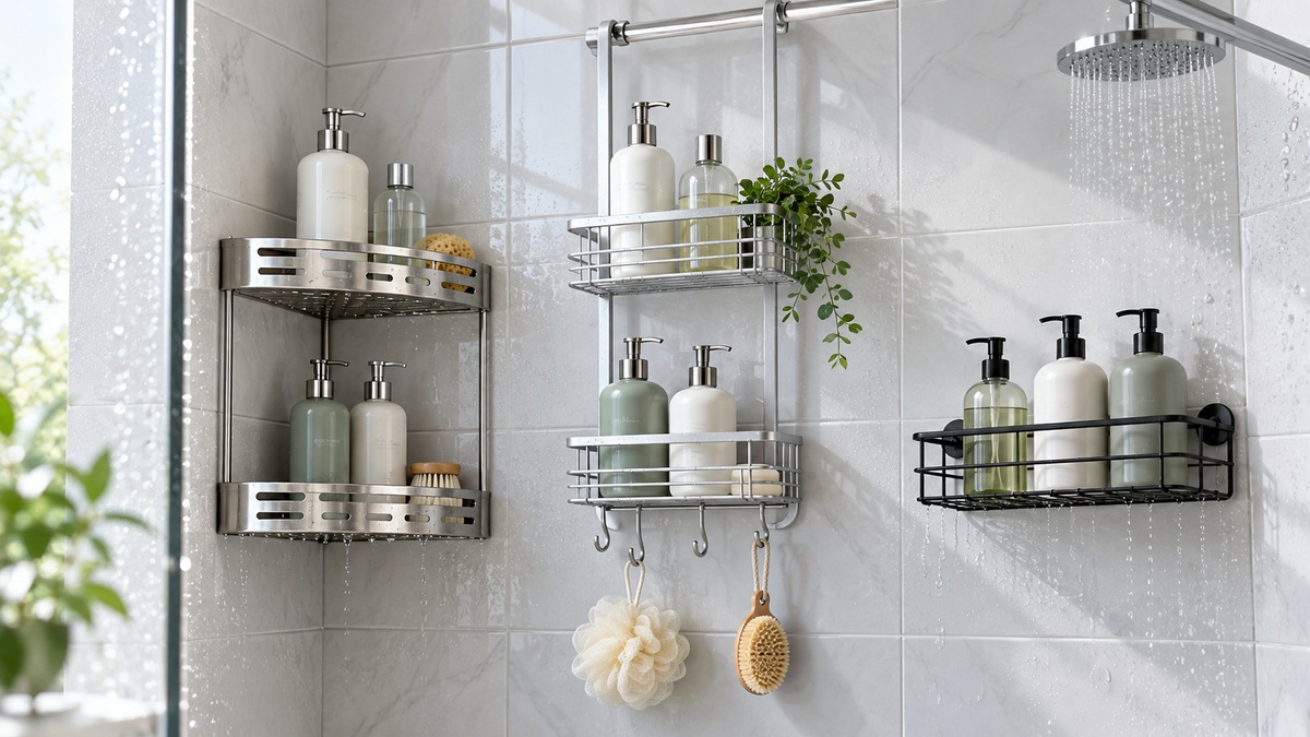 Three rust-resistant shower rack configurations holding plain bottles in a bright tiled shower.