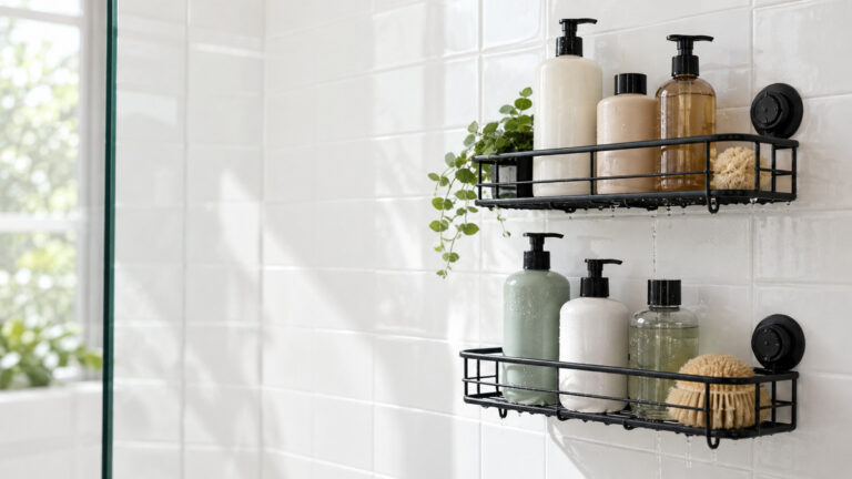 Two black suction shower racks holding shampoo bottles on glossy white shower tile.