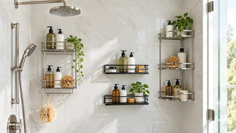 Rust-resistant shower racks in a bright tiled shower.