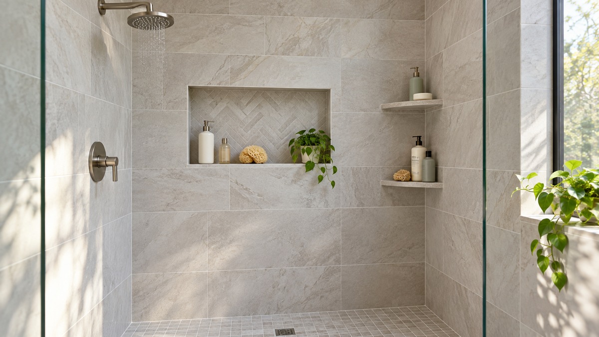 A tiled walk-in shower with a recessed built-in niche and two grout-in corner shelves holding bottles.