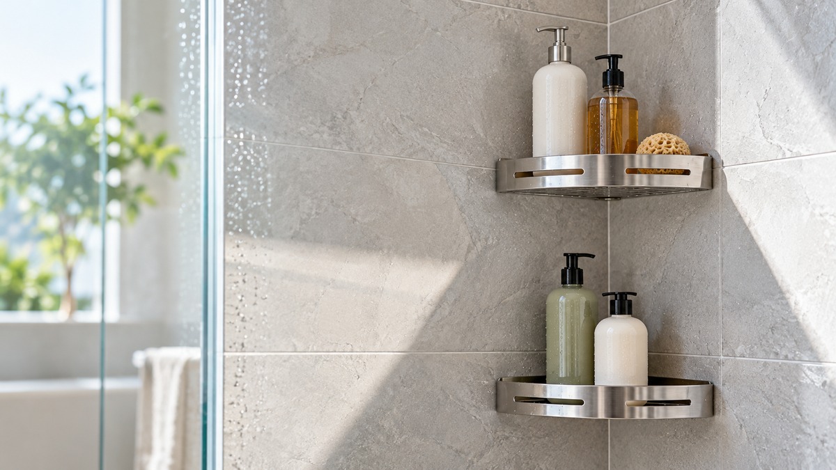 A tiled shower corner with two stainless corner shelves holding shampoo bottles.