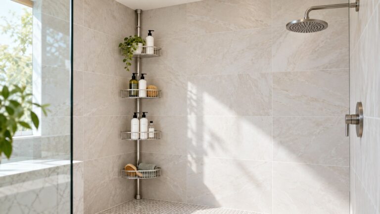A corner floor-to-ceiling tension pole with four baskets installed in a tiled shower.