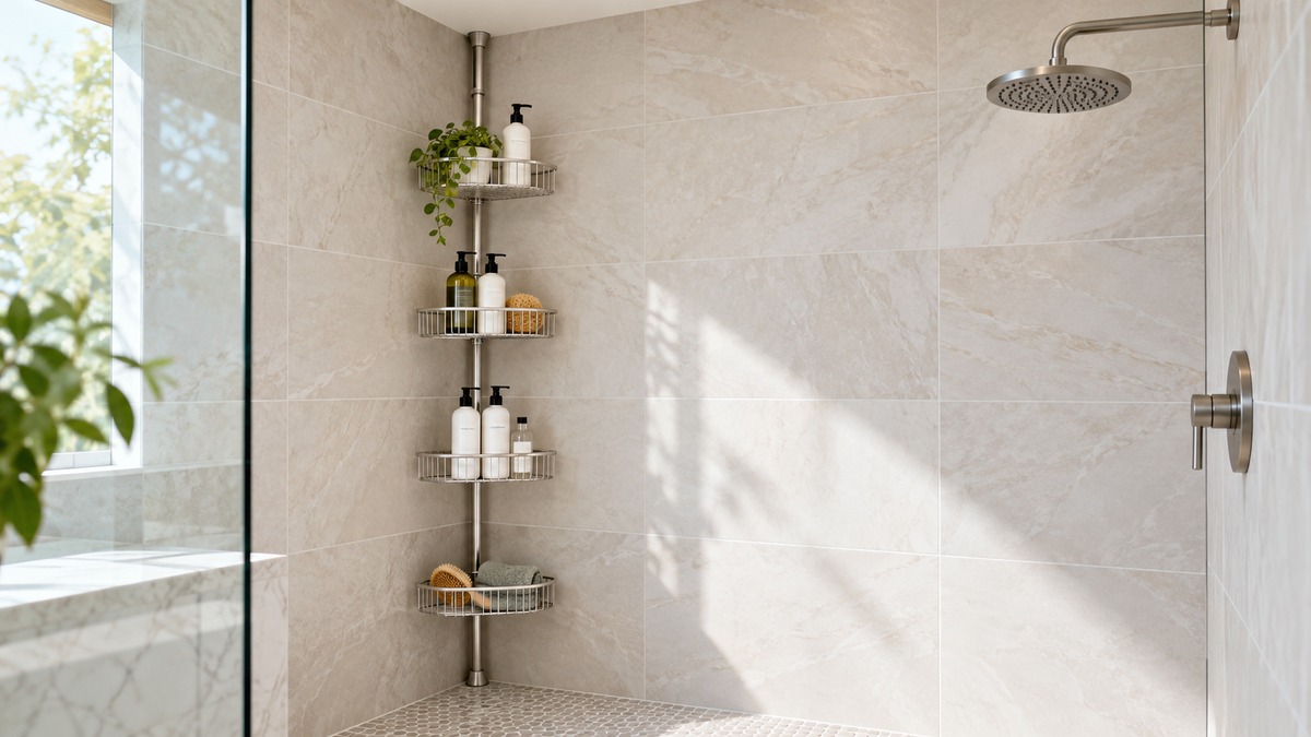 A corner floor-to-ceiling tension pole with four baskets installed in a tiled shower.