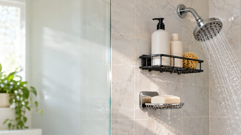 A close view of bar soap draining in wall-mounted and shelf-style holders inside a tiled shower.