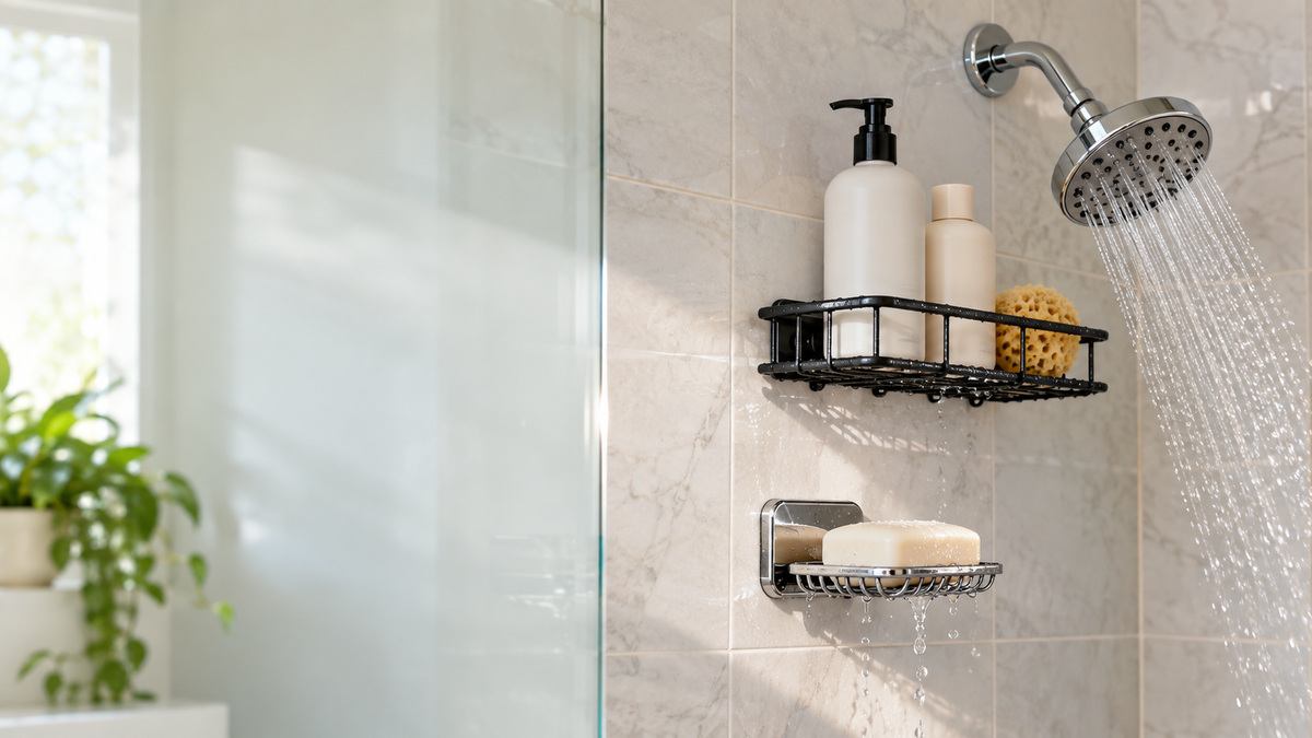A close view of bar soap draining in wall-mounted and shelf-style holders inside a tiled shower.