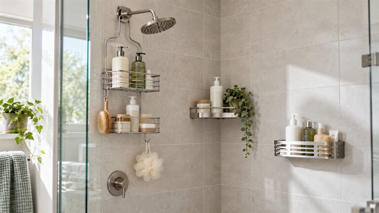 Several shower storage baskets arranged on tiled walls.