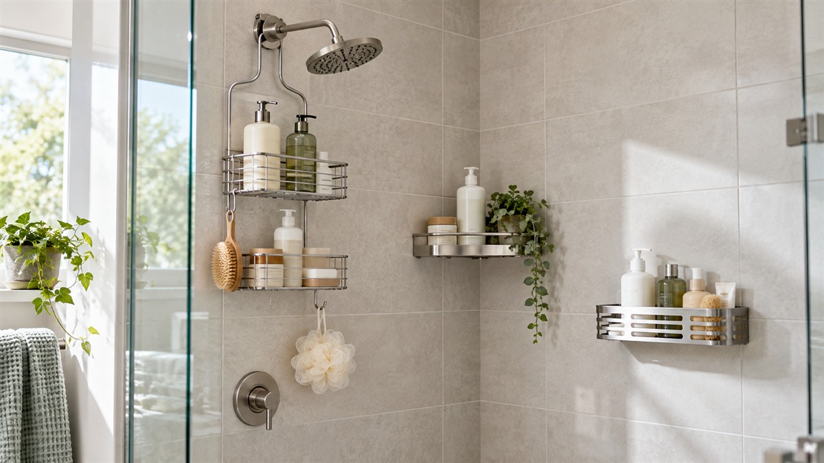 Several shower storage baskets arranged on tiled walls.