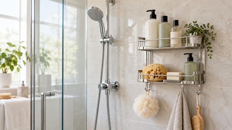 A wall-mounted shower holder organizes plain bottles and bathing accessories in a bright tiled bathroom.