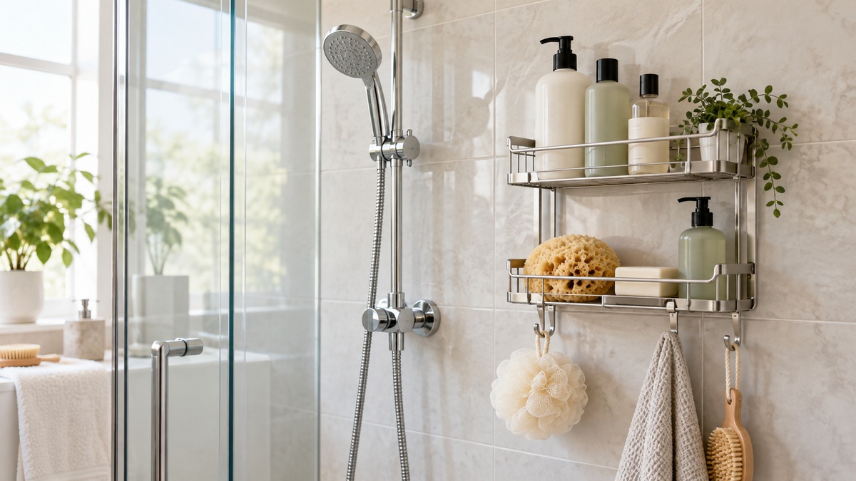 A wall-mounted shower holder organizes plain bottles and bathing accessories in a bright tiled bathroom.