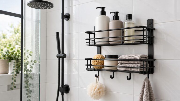 A black wall-mounted shower rack with two baskets on a white tiled shower wall.