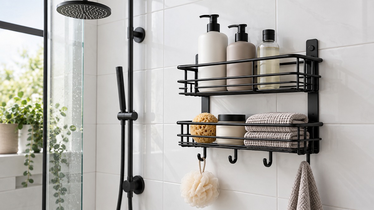 A black wall-mounted shower rack with two baskets on a white tiled shower wall.