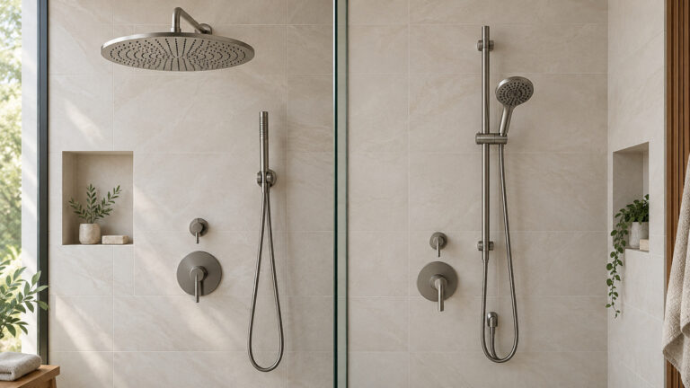A rainfall shower system beside a compact handheld rail system on neutral tile.