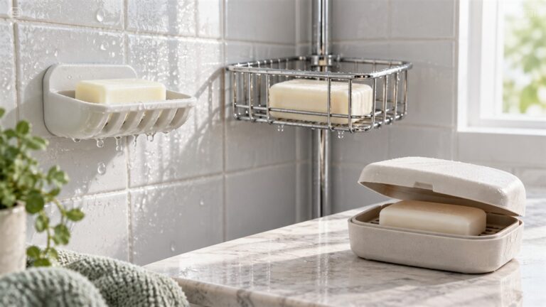 Three soap caddy styles holding plain bars in a bright bathroom.