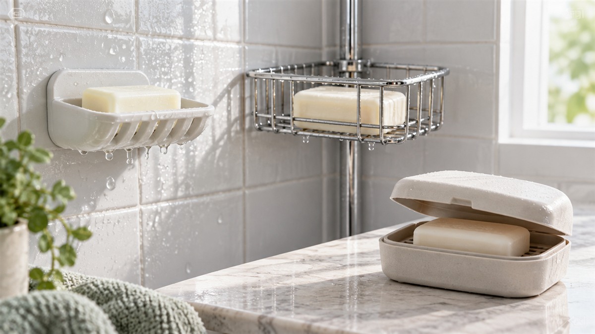 Three soap caddy styles holding plain bars in a bright bathroom.
