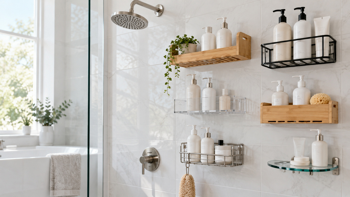 Six no-drill soap and bottle shelves shown mounted on shower tile with drainage gaps visible.