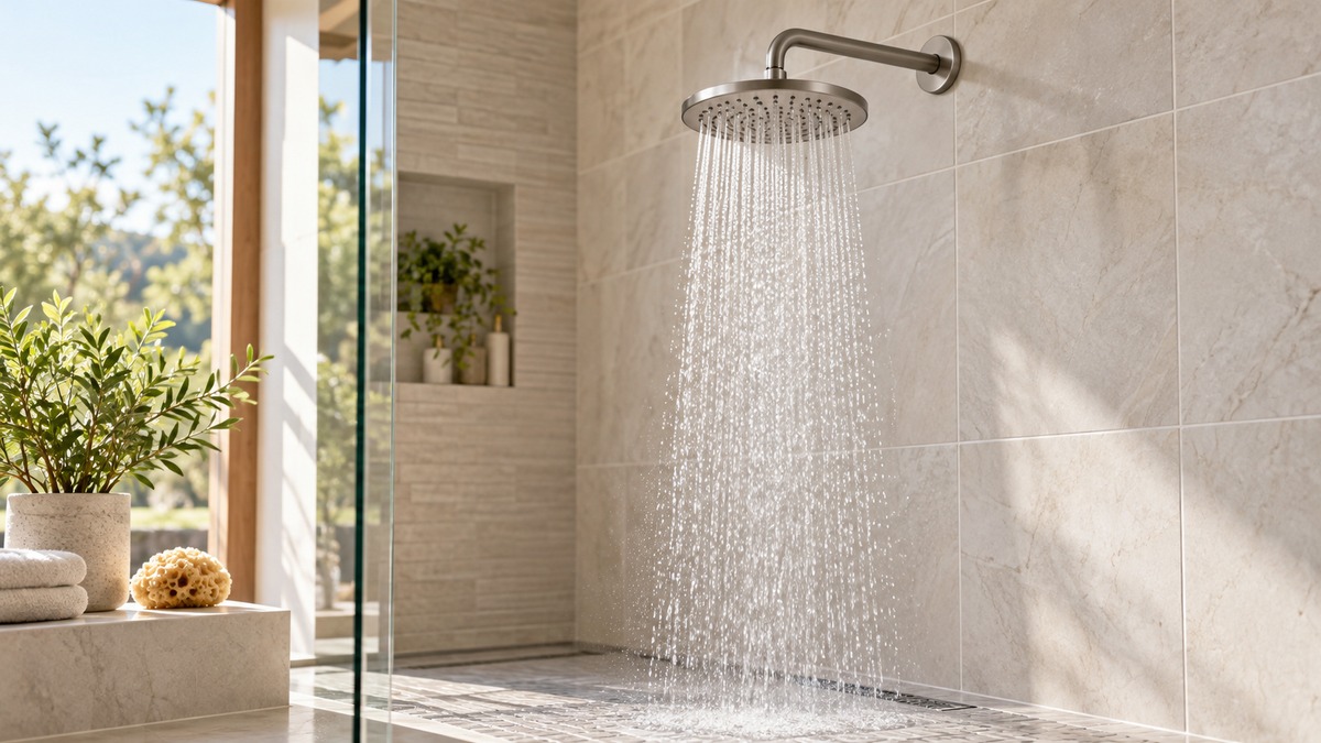 A round brushed nickel rain shower head mounted on a tiled wall, with a steady spray falling over a shower floor.