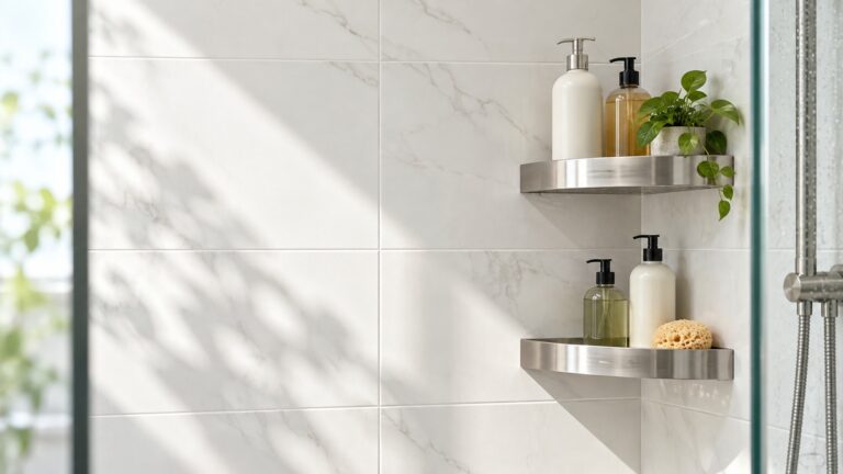 A bright tiled shower corner with two brushed stainless shelves holding shampoo and soap bottles.