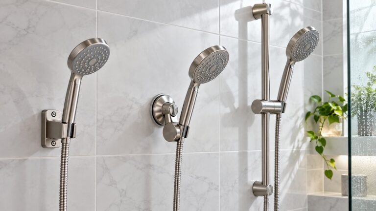 Three stainless steel handheld shower holder configurations mounted on a bright tiled wall.