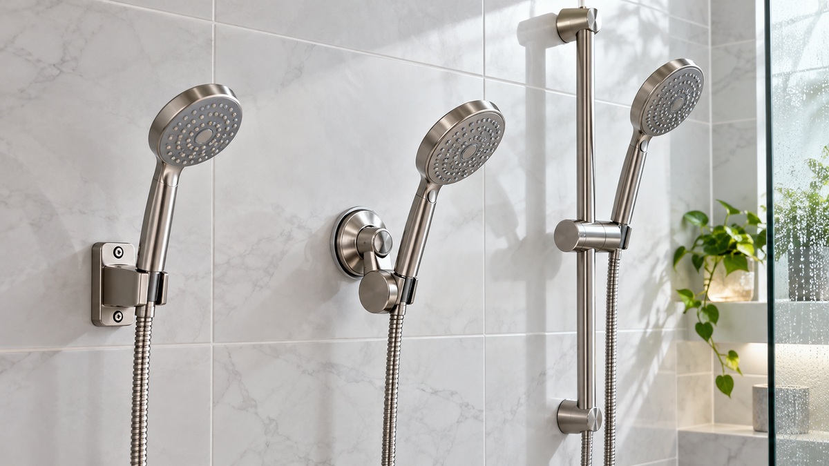 Three stainless steel handheld shower holder configurations mounted on a bright tiled wall.