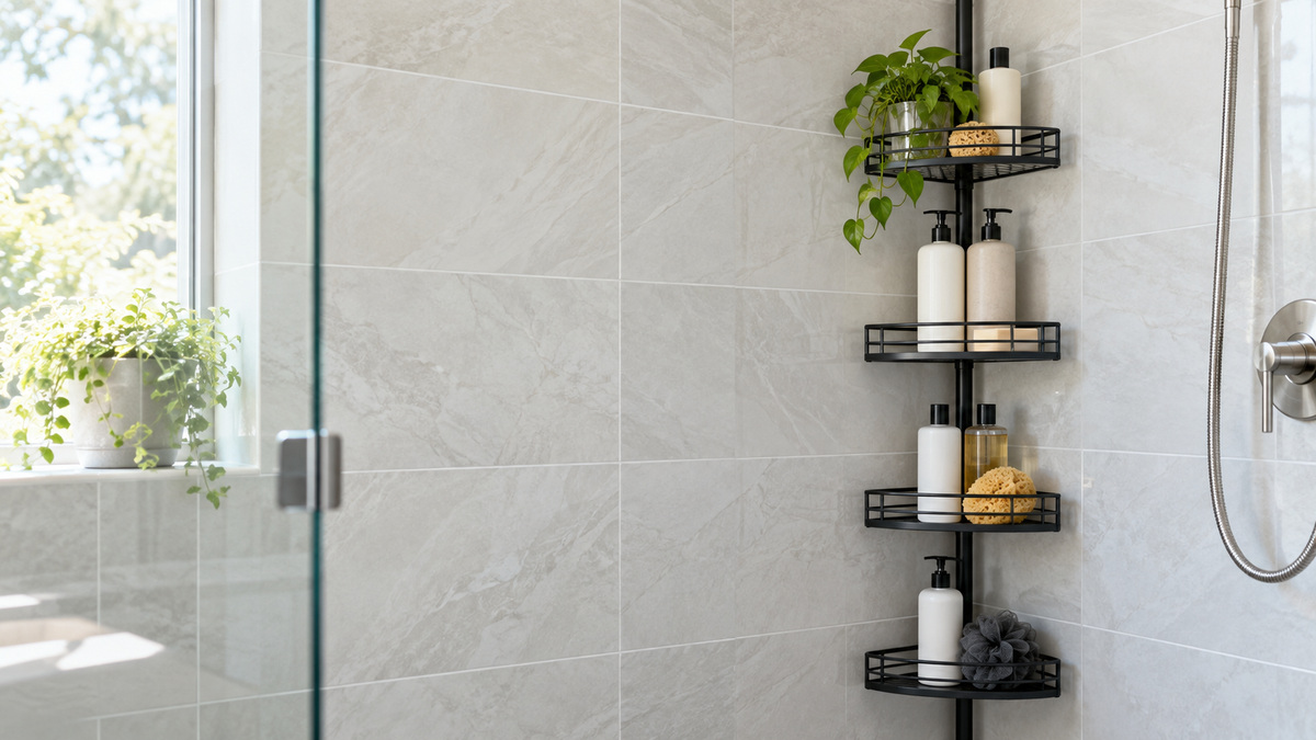 A black stainless steel floor-standing corner caddy with filled shelves inside a tiled shower corner.