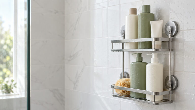 A close-up of a suction bathroom shelf holding shampoo bottles on a tiled shower wall.