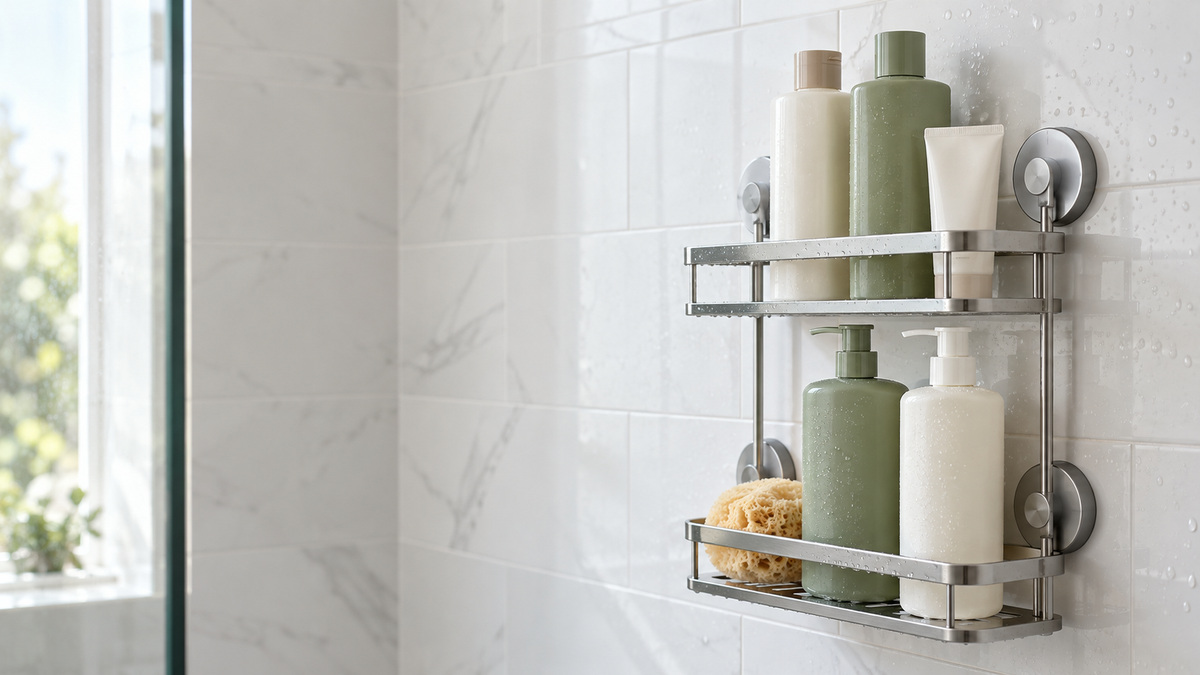 A close-up of a suction bathroom shelf holding shampoo bottles on a tiled shower wall.