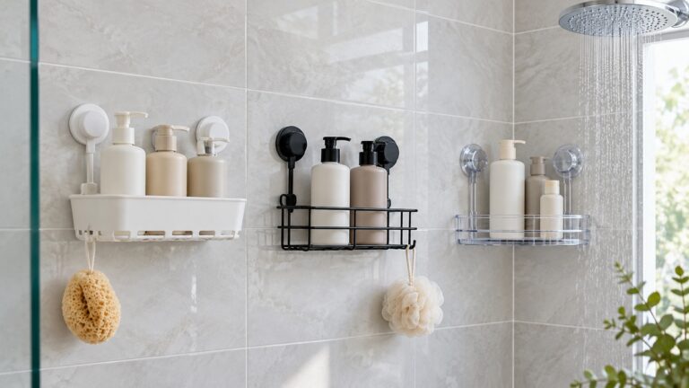 Three suction cup shampoo holders with plain bottles mounted on a bright tiled shower wall.