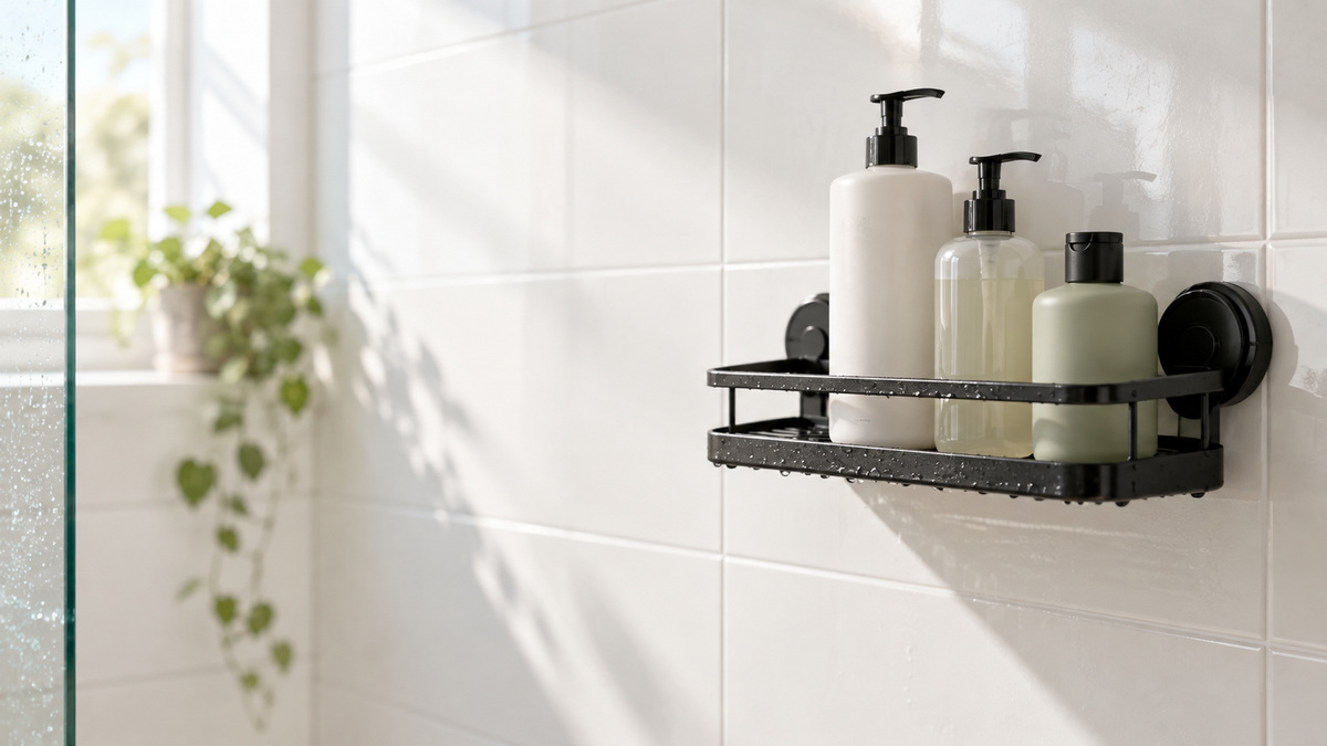 A bright bathroom wall showing a suction cup shelf holding shampoo bottles on smooth tile.