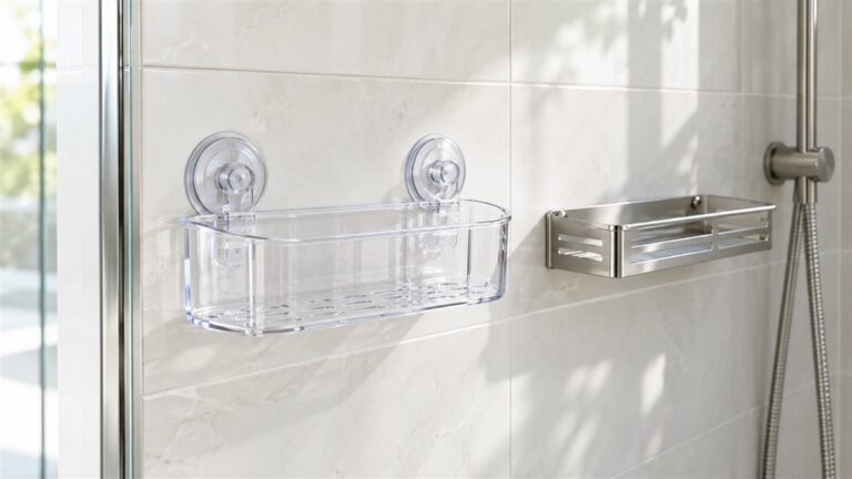 A clear suction cup shower caddy pressed to a smooth tile wall beside a drilled metal shelf, both empty.