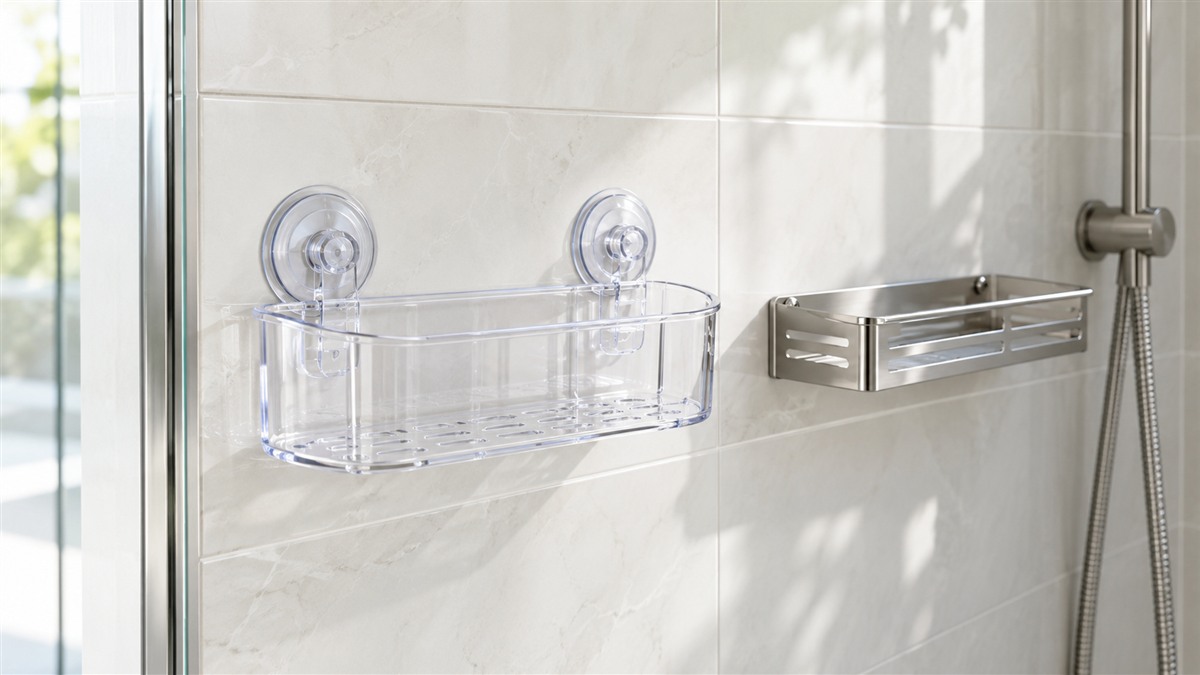 A clear suction cup shower caddy pressed to a smooth tile wall beside a drilled metal shelf, both empty.