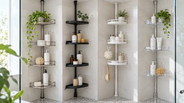 Several tension-rod corner shelving units are arranged in a bright tiled shower.