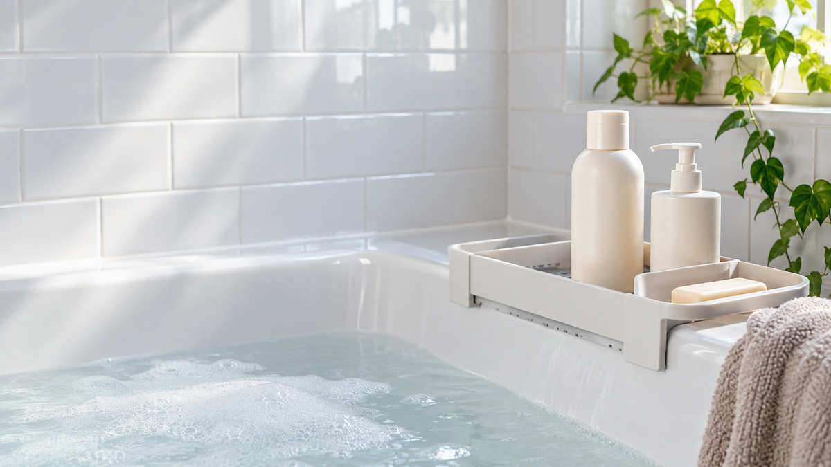 A clear photo of a bathtub edge with a tub-side shampoo holder holding shampoo and soap within reach.