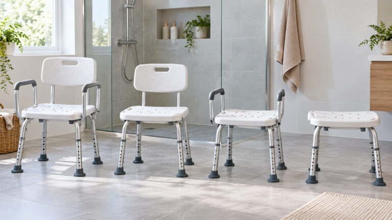 A generic heavy-duty shower chair with removable arms and backrest.