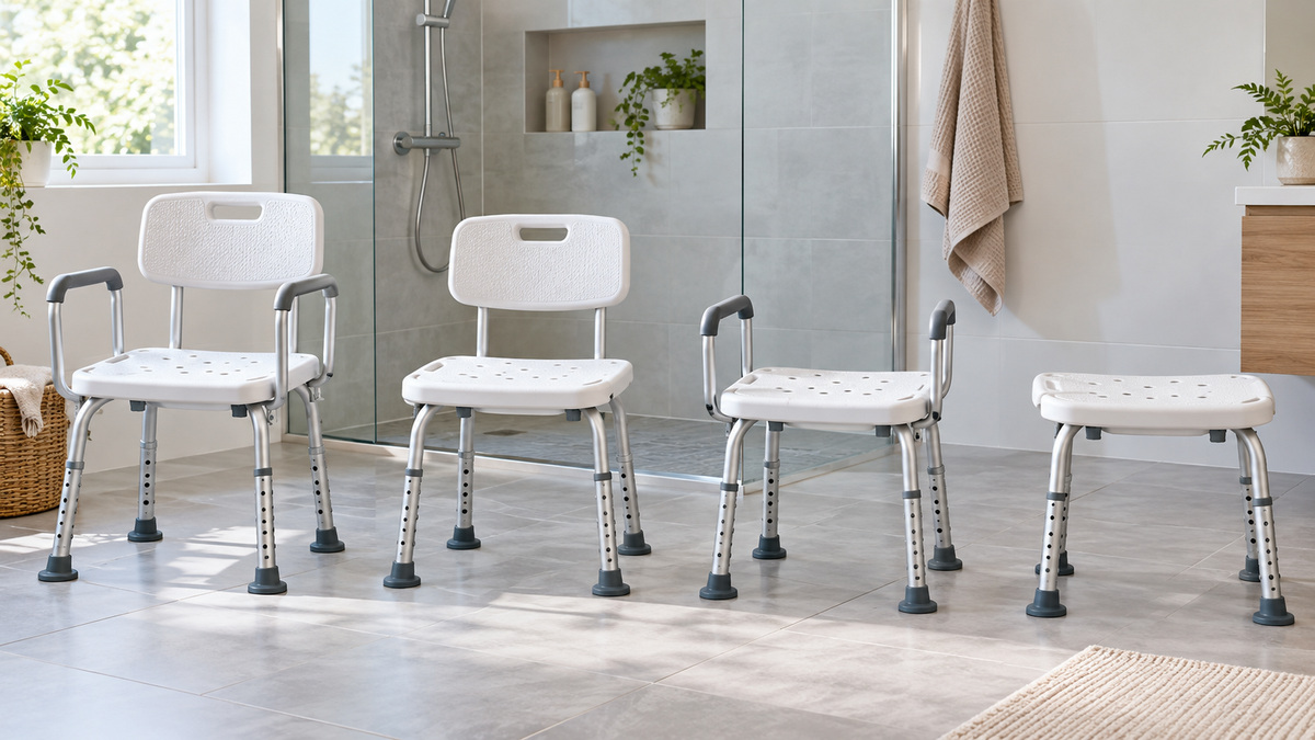 A generic heavy-duty shower chair with removable arms and backrest.