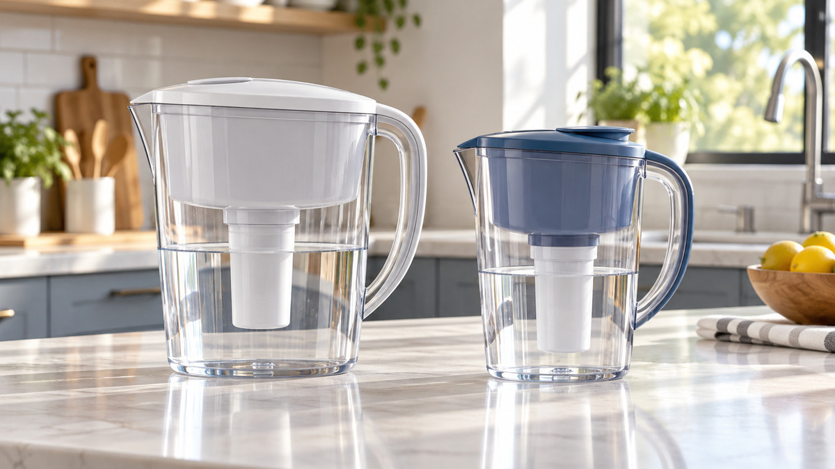 Editorial comparison scene featuring generic water filtration softeners brita options in natural light.