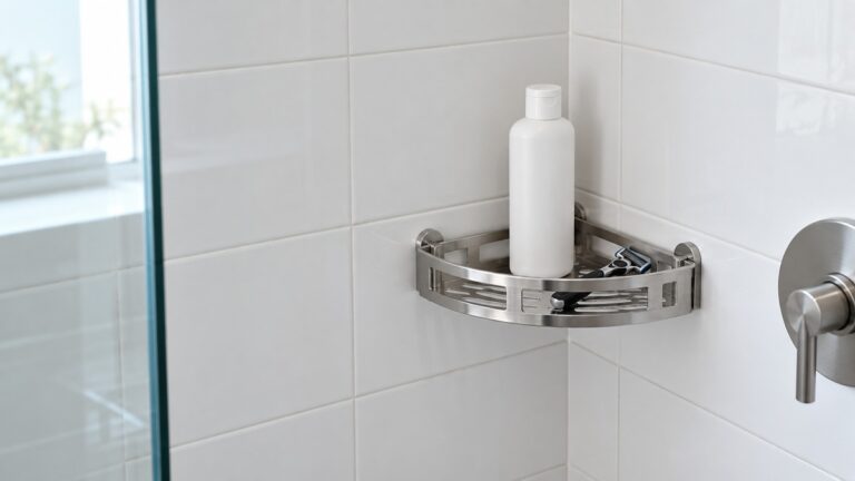 A small brushed stainless steel corner caddy with a single tier mounted on a white ceramic tile wall, holding a bottle of shampoo and a razor.