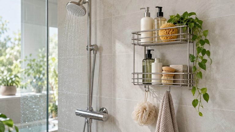 A metal wire shower rack holds toiletries beside a running shower in a bright tiled bathroom.