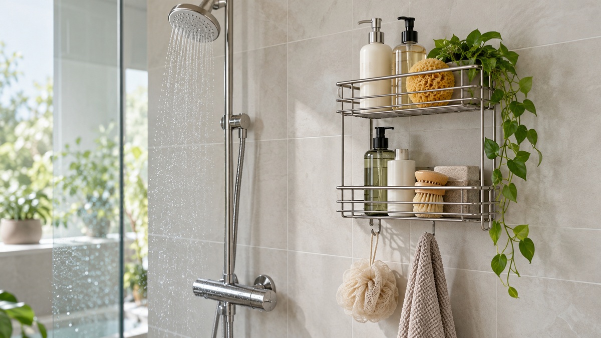 A metal wire shower rack holds toiletries beside a running shower in a bright tiled bathroom.