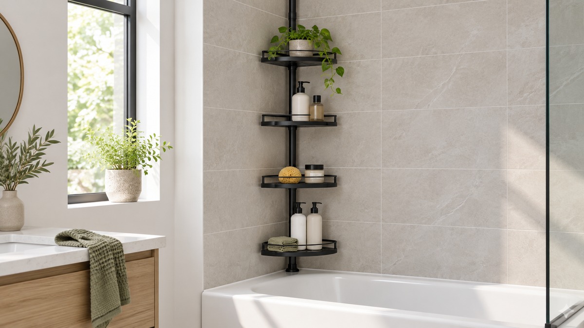 A black tension pole corner caddy with four plastic shelves standing in a bathroom corner beside a bathtub.