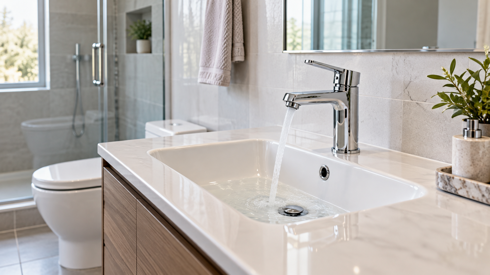 Single-hole bathroom faucet on a compact vanity sink