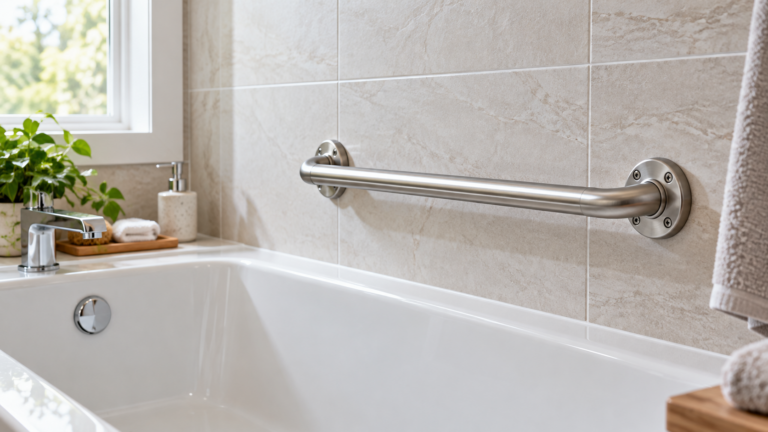 Stainless grab bar securely mounted beside a bathtub