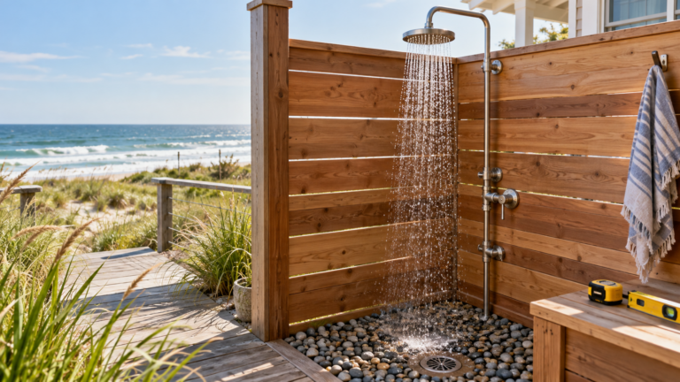 Outdoor shower head mounted on a cedar wall at a beach house