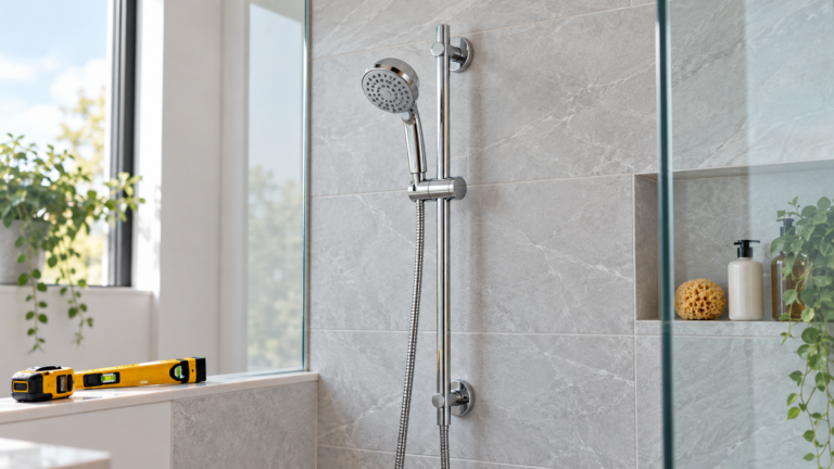 Chrome handheld shower on an adjustable slide bar
