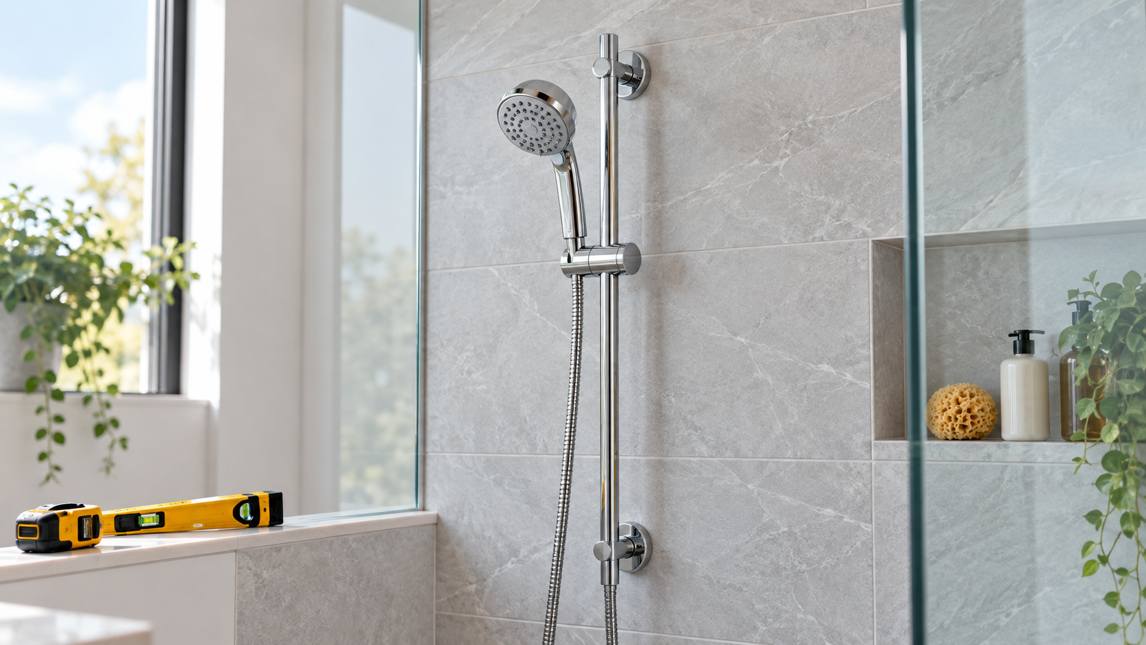 Chrome handheld shower on an adjustable slide bar